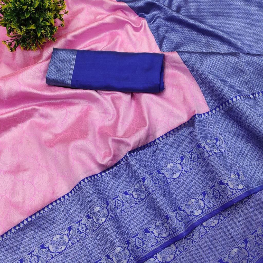 Beautiful Silver Jari Border Design Kanjivaram Soft Silk Saree For Women Traditional , Wedding Special Events