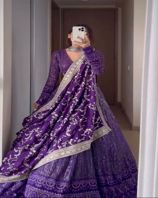 Women's Purple Faux Georgette With Sequence Embroidery Thread Work wedding Wear Lehenga Choli