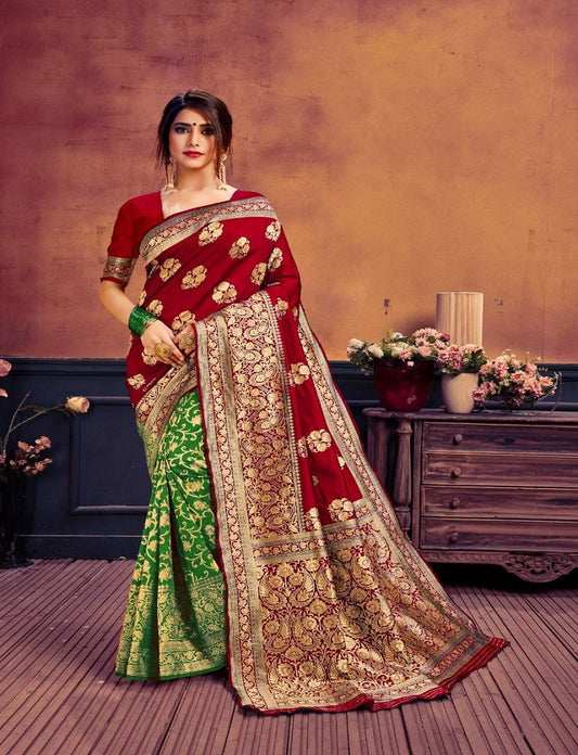 Women's Banarasi Silk Blend Woven Zari Butta Saree and Plain Woven Blouse Piece for Party and Wedding Function