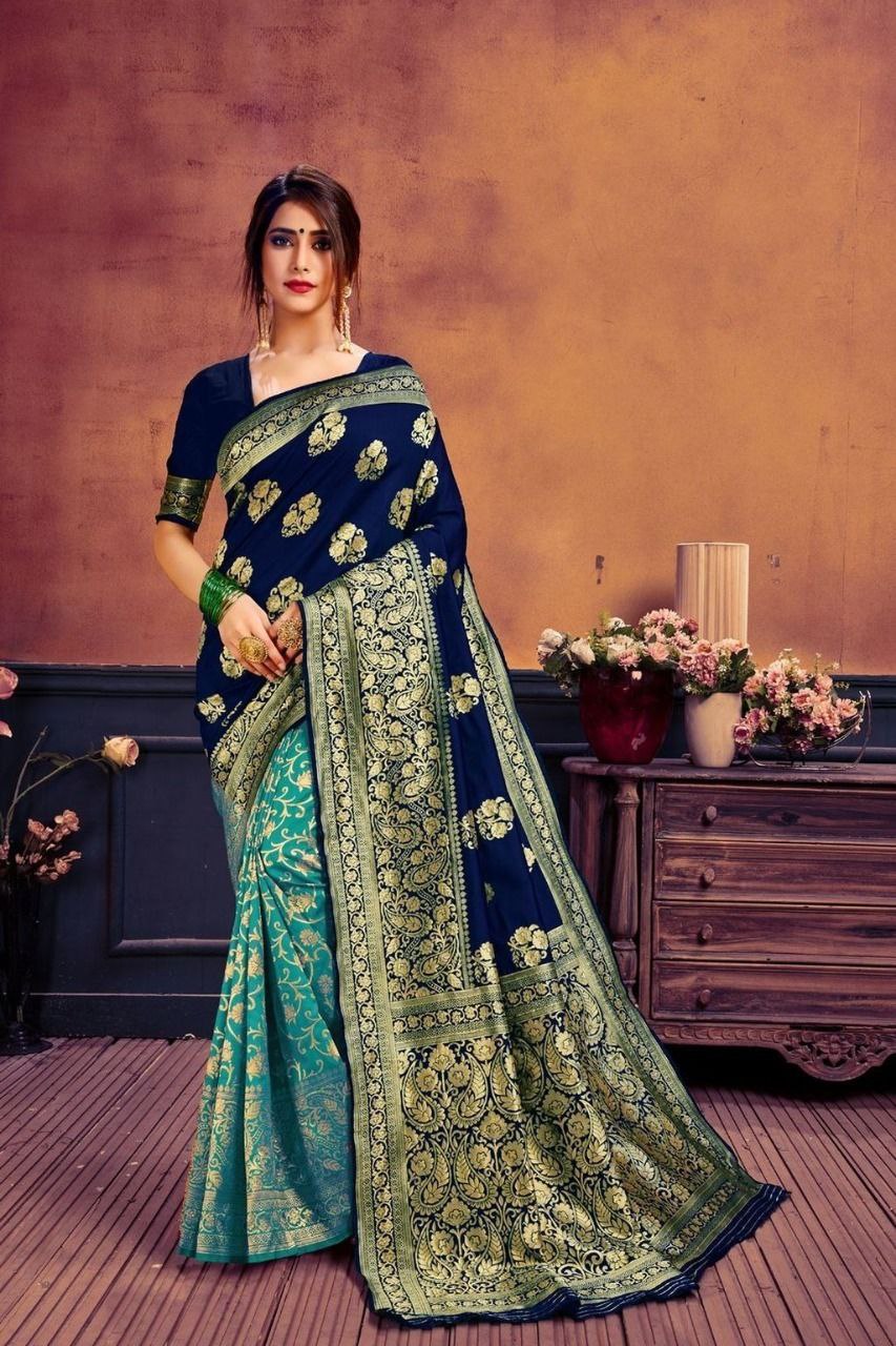 Women's Banarasi Silk Blend Woven Zari Butta Saree and Plain Woven Blouse Piece for Party and Wedding Function