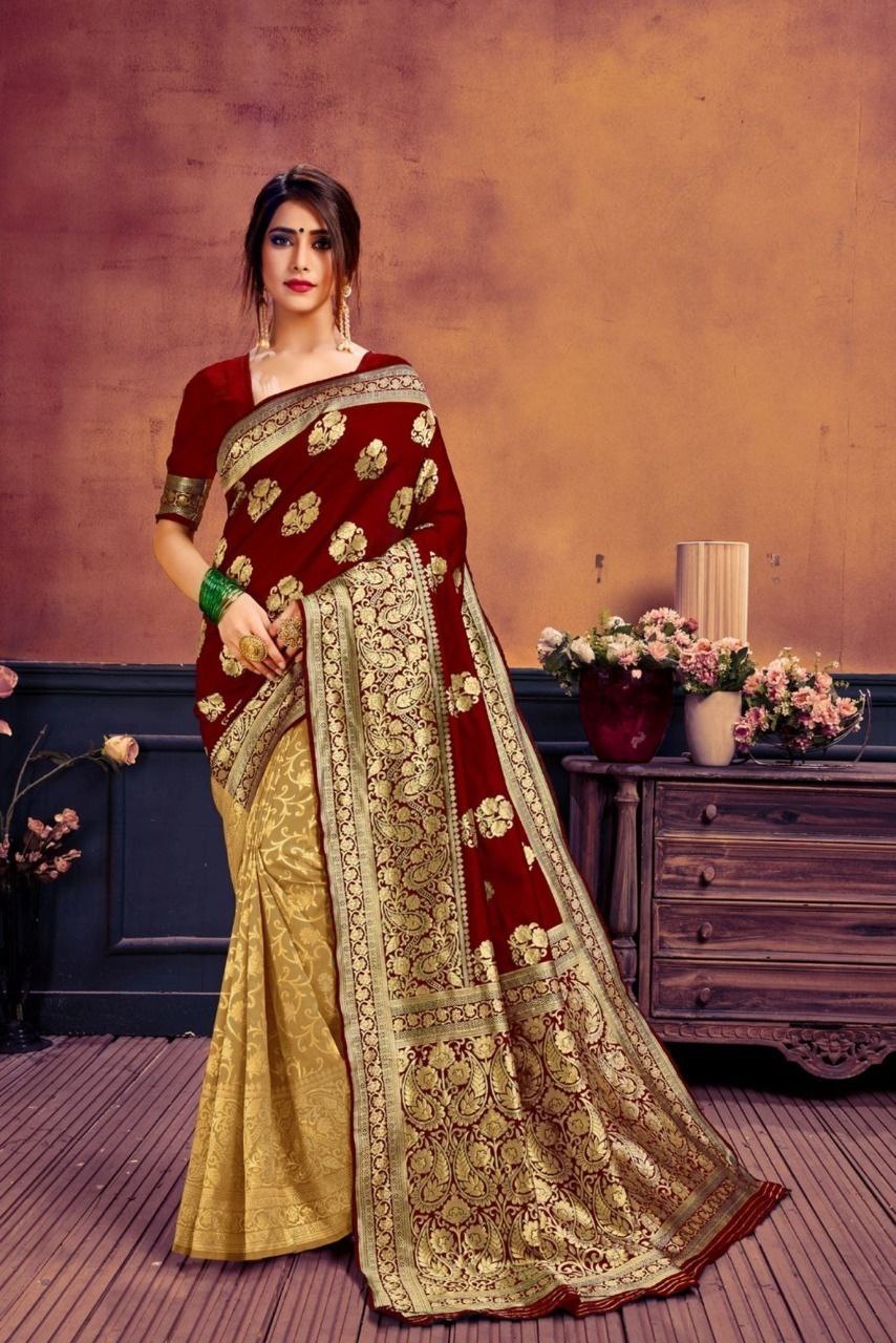 Women's Banarasi Silk Blend Woven Zari Butta Saree and Plain Woven Blouse Piece for Party and Wedding Function