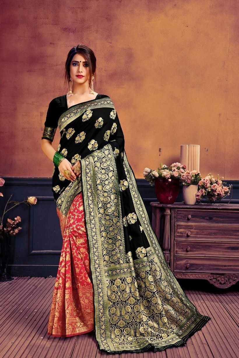 Women's Banarasi Silk Blend Woven Zari Butta Saree and Plain Woven Blouse Piece for Party and Wedding Function