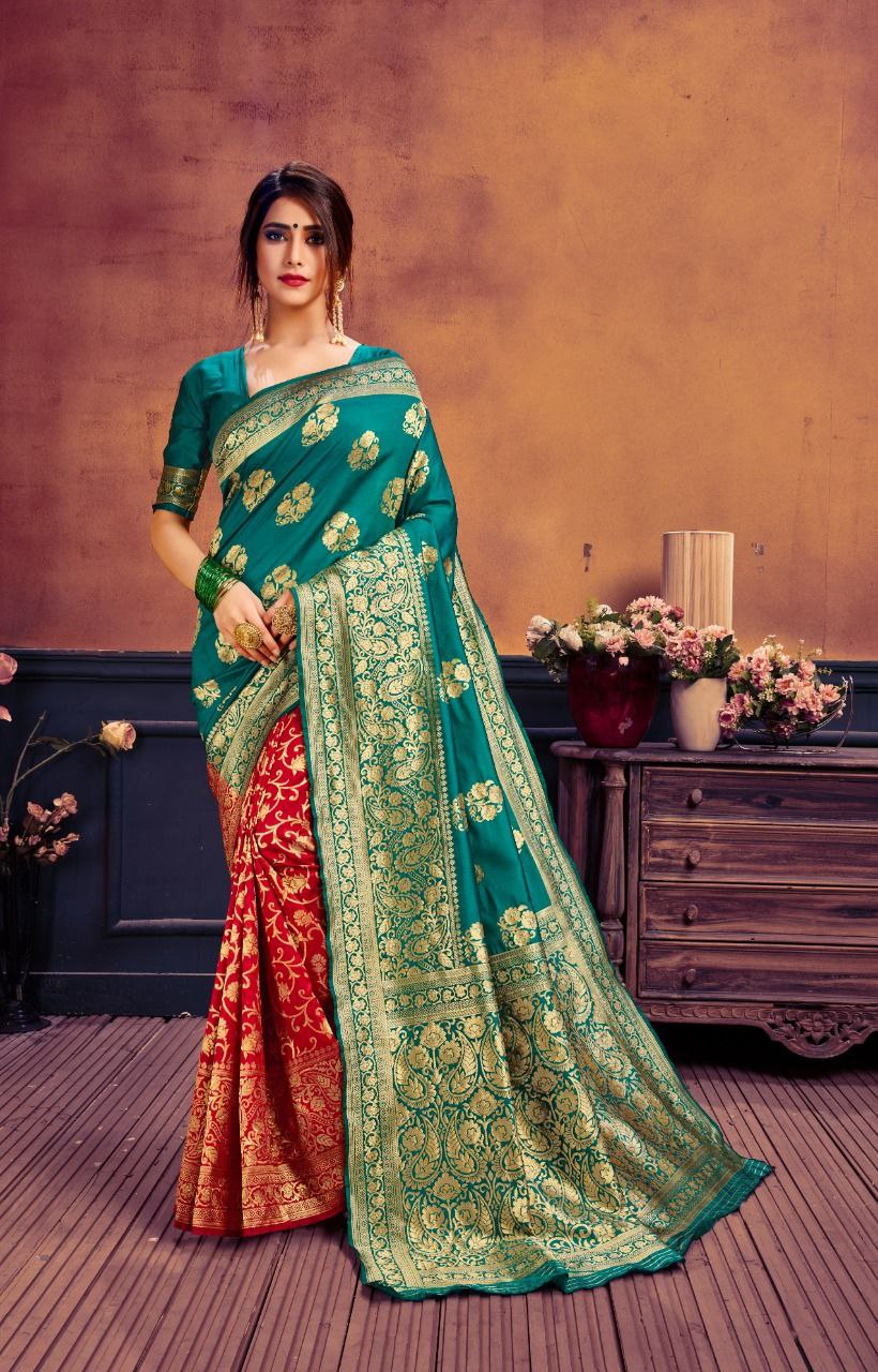 Women's Banarasi Silk Blend Woven Zari Butta Saree and Plain Woven Blouse Piece for Party and Wedding Function