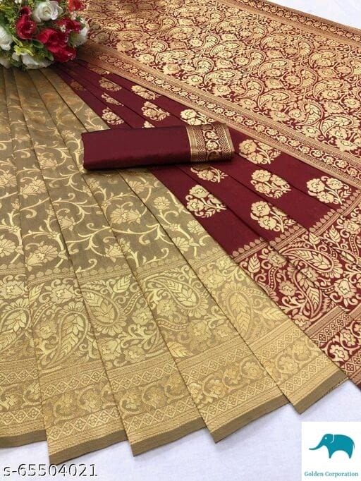 Women's Banarasi Silk Blend Woven Zari Butta Saree and Plain Woven Blouse Piece for Party and Wedding Function