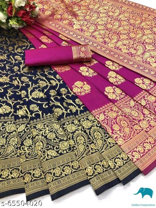 Women's Banarasi Silk Blend Woven Zari Butta Saree and Plain Woven Blouse Piece for Party and Wedding Function