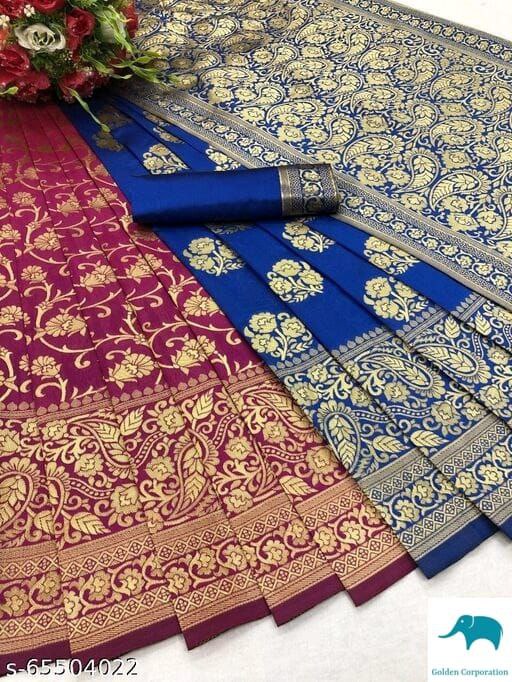 Women's Banarasi Silk Blend Woven Zari Butta Saree and Plain Woven Blouse Piece for Party and Wedding Function