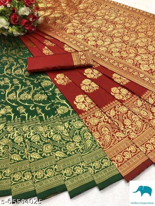 Women's Banarasi Silk Blend Woven Zari Butta Saree and Plain Woven Blouse Piece for Party and Wedding Function