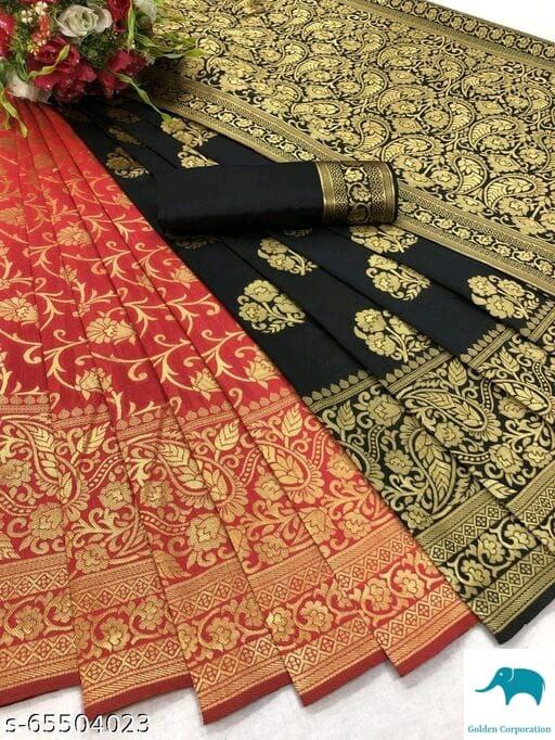 Women's Banarasi Silk Blend Woven Zari Butta Saree and Plain Woven Blouse Piece for Party and Wedding Function