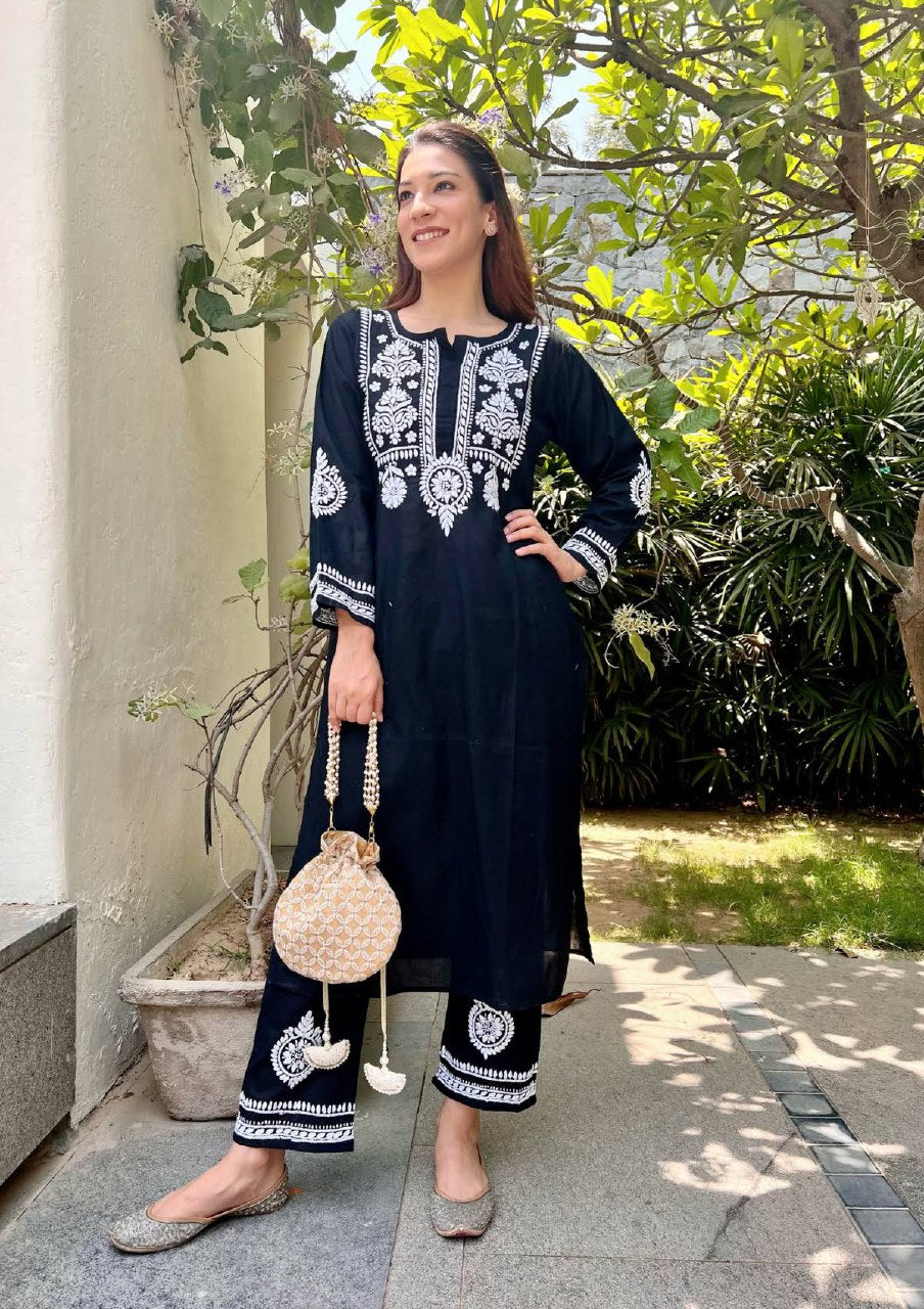 Women's Ready-to-Wear Chain Stitch Rayon Cotton Black Colour Kurta with Matching Pants