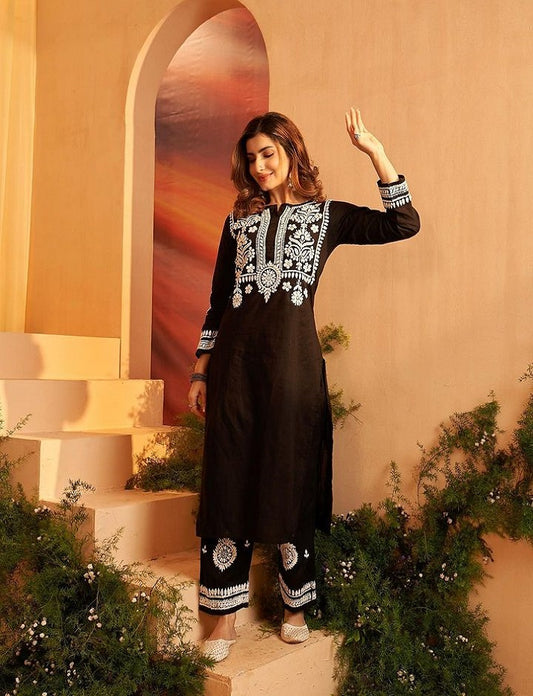 Women's Ready-to-Wear Chain Stitch Rayon Cotton Black Colour Kurta with Matching Pants