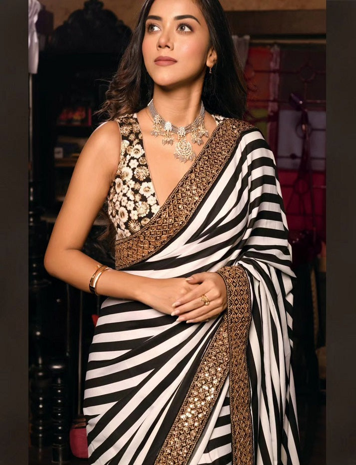 Premium Soft Faux Georgette Black and White Lining Zebra Print Saree with Blouse