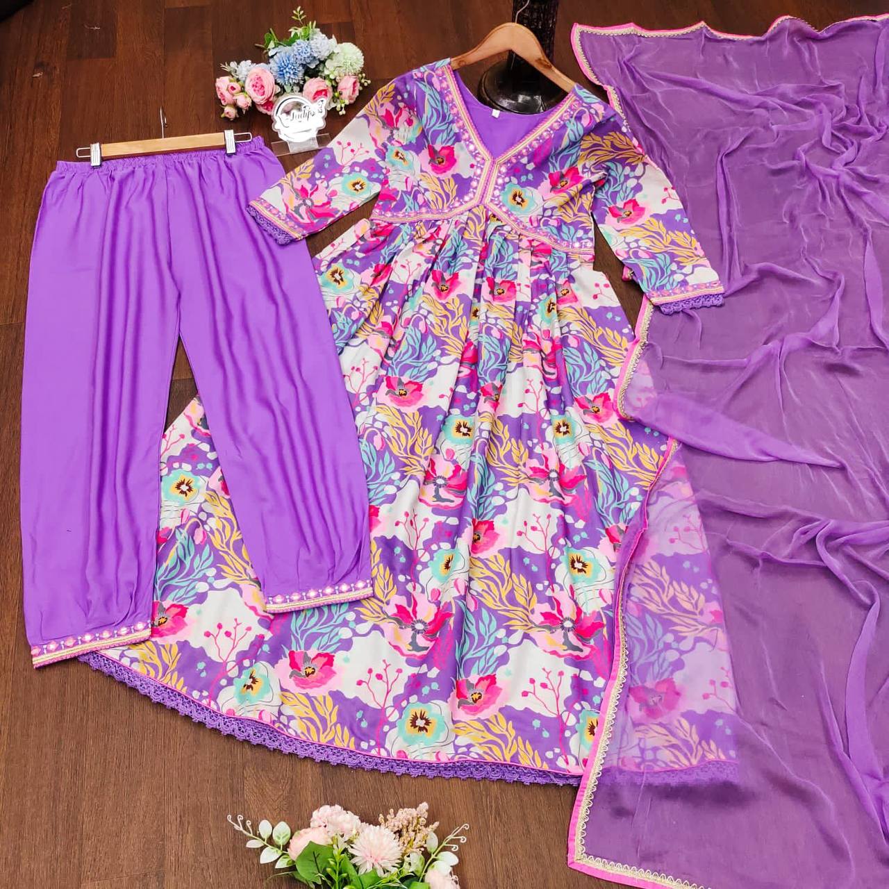 Purple Aliya-Cut Kurta, Pent and Dupatta Set for Womens and Girls in Digital Shine Print and Embroidery with Crape Inner