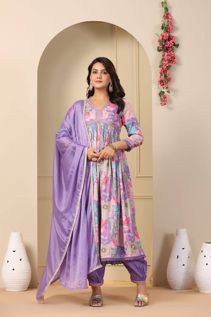 Sky Blue Aliya-Cut Kurta, Pent and Dupatta Set for Womens and Girls in Digital Shine Print and Embroidery with Crape Inner