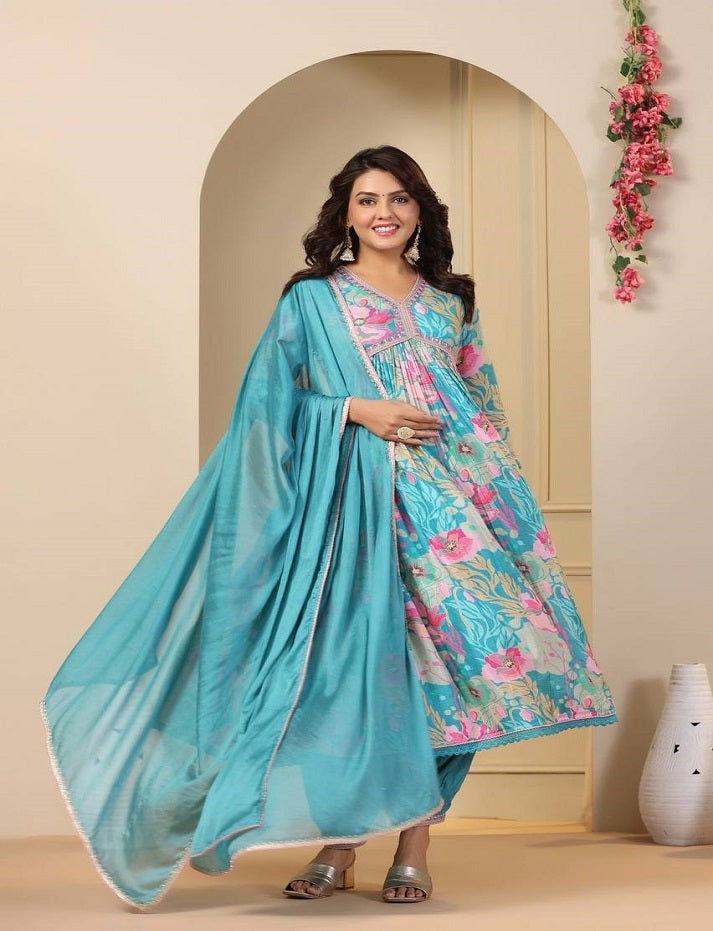 Sky Blue Aliya-Cut Kurta, Pent and Dupatta Set for Womens and Girls in Digital Shine Print and Embroidery with Crape Inner