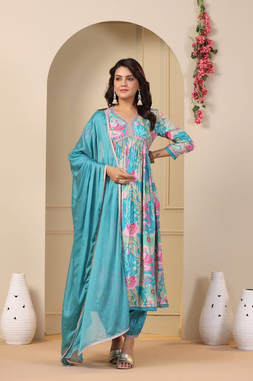 Sky Blue Aliya-Cut Kurta, Pent and Dupatta Set for Womens and Girls in Digital Shine Print and Embroidery with Crape Inner