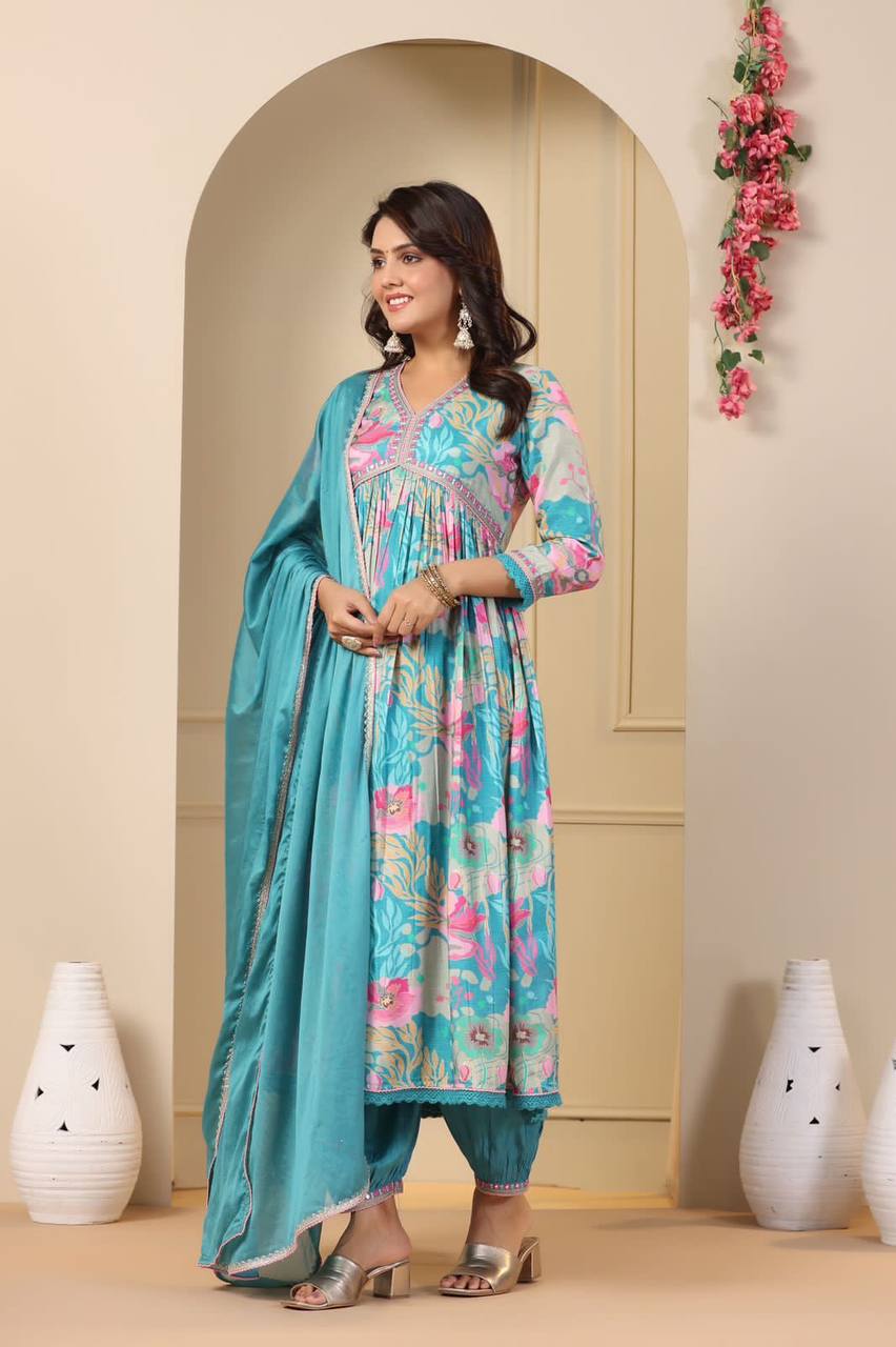 Sky Blue Aliya-Cut Kurta, Pent and Dupatta Set for Womens and Girls in Digital Shine Print and Embroidery with Crape Inner