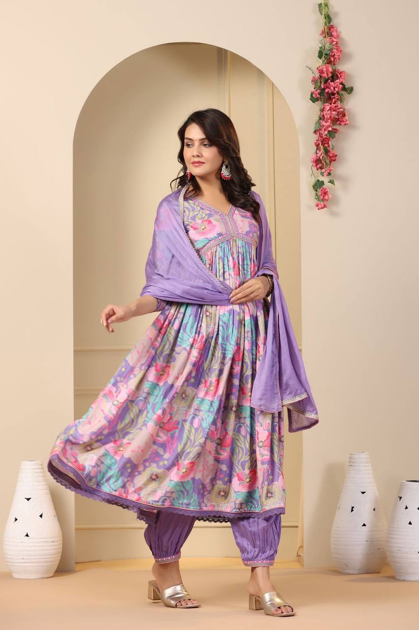 Sky Blue Aliya-Cut Kurta, Pent and Dupatta Set for Womens and Girls in Digital Shine Print and Embroidery with Crape Inner