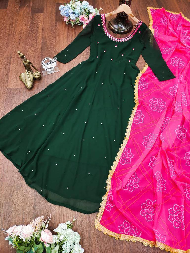 Women's Green Fox Georgette Fit & Flare Square Neck Mirror Work Maxi Regular Fit Gown with Dupatta