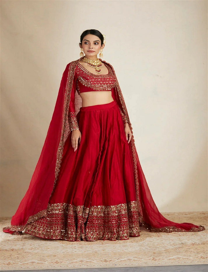 Heavy Georgette Red Lehenga Choli In Thread And Sequence Work Indian Wedding Wear Lehenga