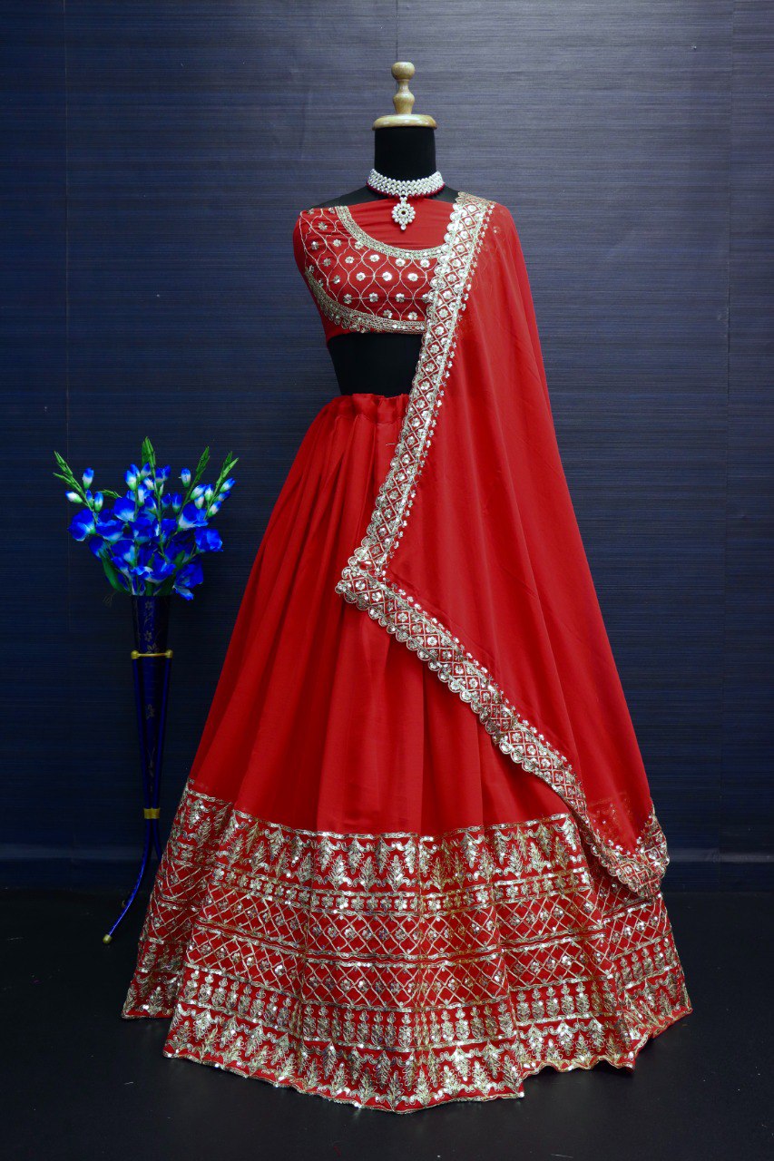 Heavy Georgette Red Lehenga Choli In Thread And Sequence Work Indian Wedding Wear Lehenga