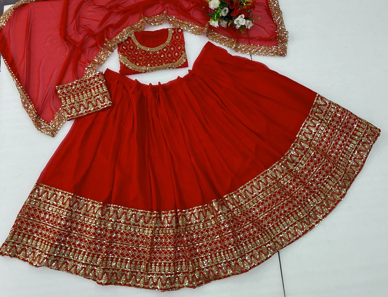 Heavy Georgette Red Lehenga Choli In Thread And Sequence Work Indian Wedding Wear Lehenga