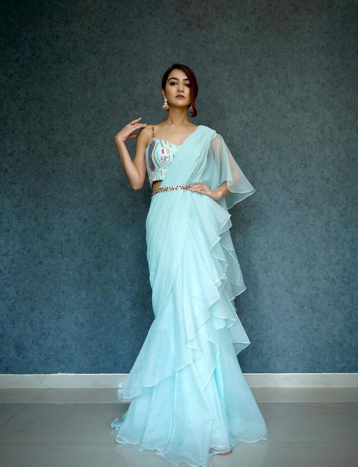 Women's Heavy Apple Organza Silk Fabric 3 Layer Ruffle Work Lehenga And Fully Embroidery Work Stiched Blouse Ready To Wear Sky Blue Saree