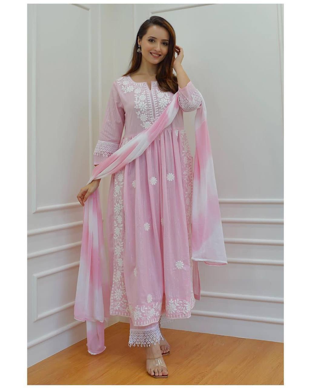 Designer Pink Embroidered Naira Cut Kurti with Pant and Dupatta Set Naira Cut 3Pc Set