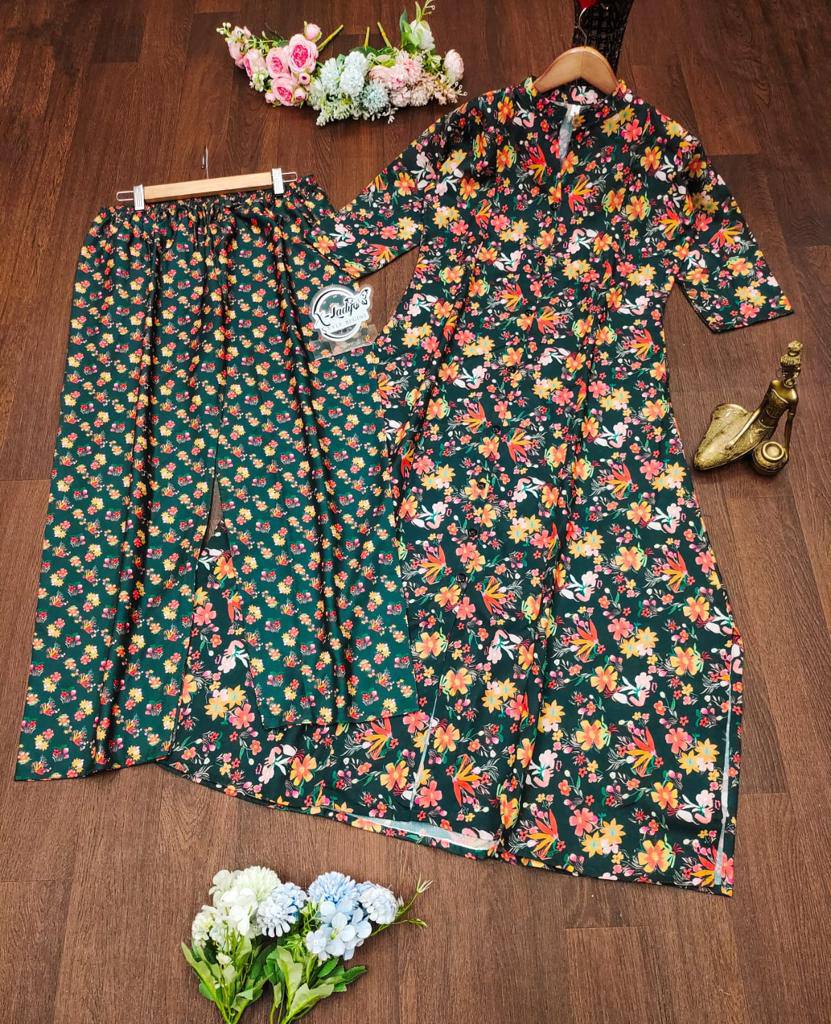 Floral Printed Cotton Fancy Front Open Kurti With Plazzo Pant Combo For Womens & Girls