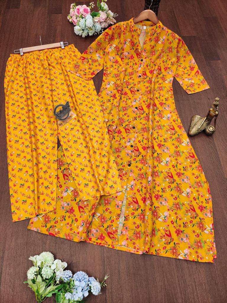 Floral Printed Cotton Fancy Front Open Kurti With Plazzo Pant Combo For Womens & Girls