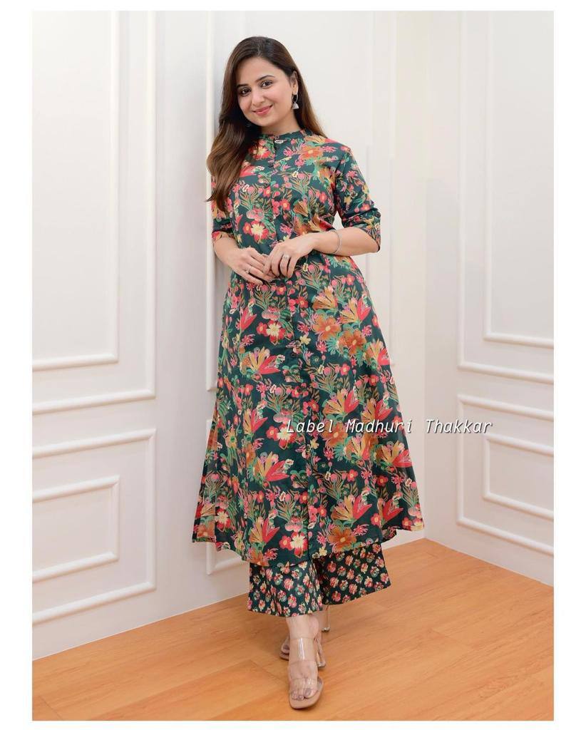 Floral Printed Cotton Fancy Front Open Kurti With Plazzo Pant Combo For Womens & Girls