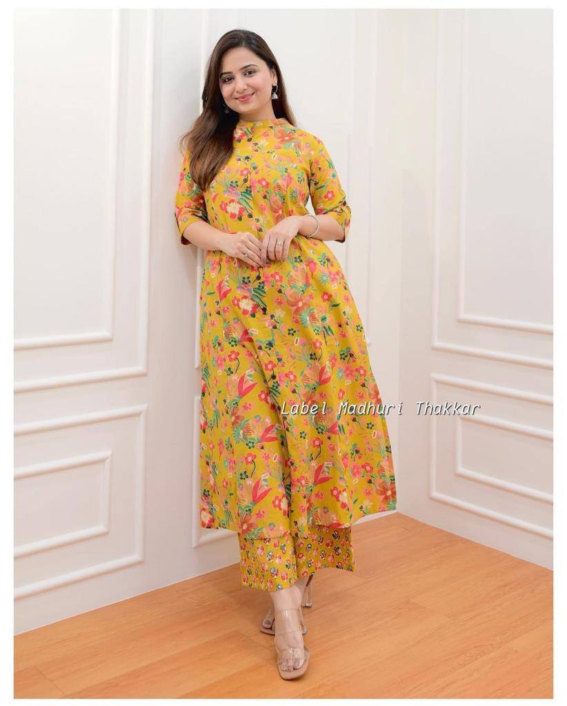 Floral Printed Cotton Fancy Front Open Kurti With Plazzo Pant Combo For Womens & Girls