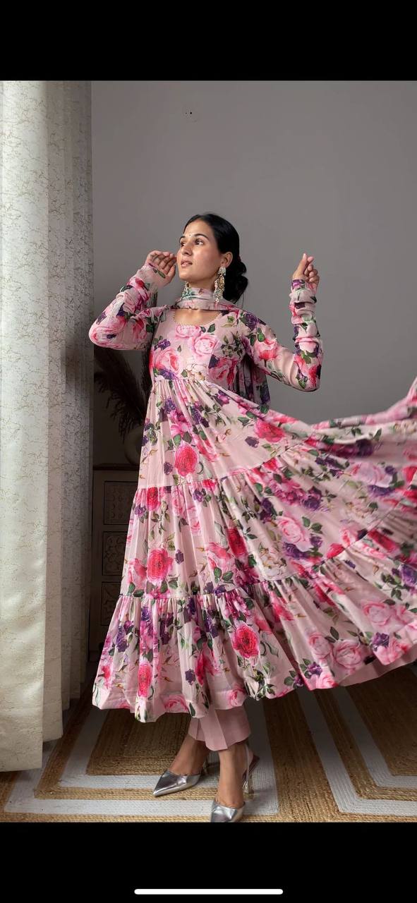 Pink Color Georgette Anarkali Gown With Digital Print and Big Flare