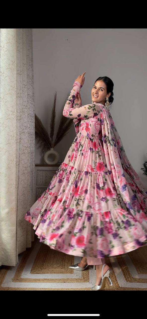 Pink Color Georgette Anarkali Gown With Digital Print and Big Flare