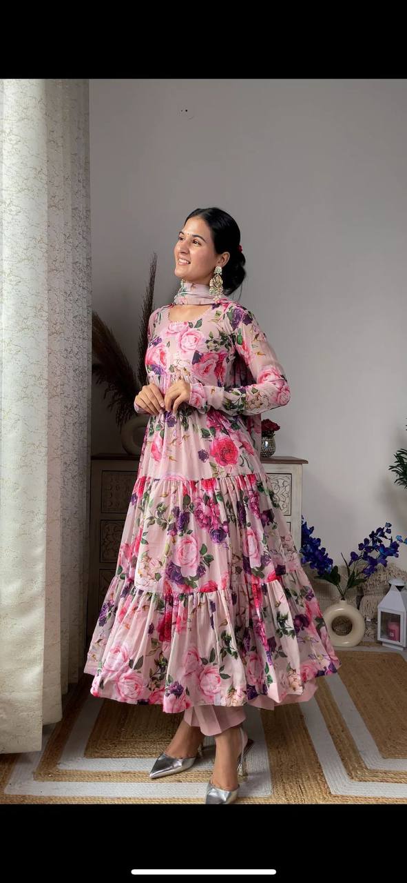 Pink Color Georgette Anarkali Gown With Digital Print and Big Flare