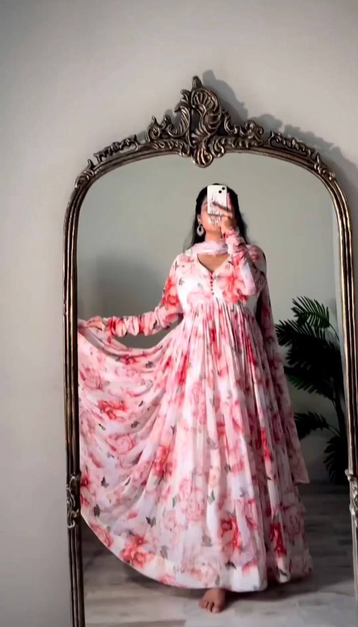 Womens Baby Pink Printed Georgette Ethnic Wear Comfortable Round Neck Designer Gown with Dupatta