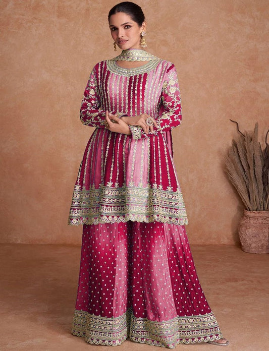 Pakistani Designer pink Ethnic Full Embroidered Kurta Sharara set Fully Stitched, Celebrity Look Georgette 3 piece Suits Partywear Dresses For Womens