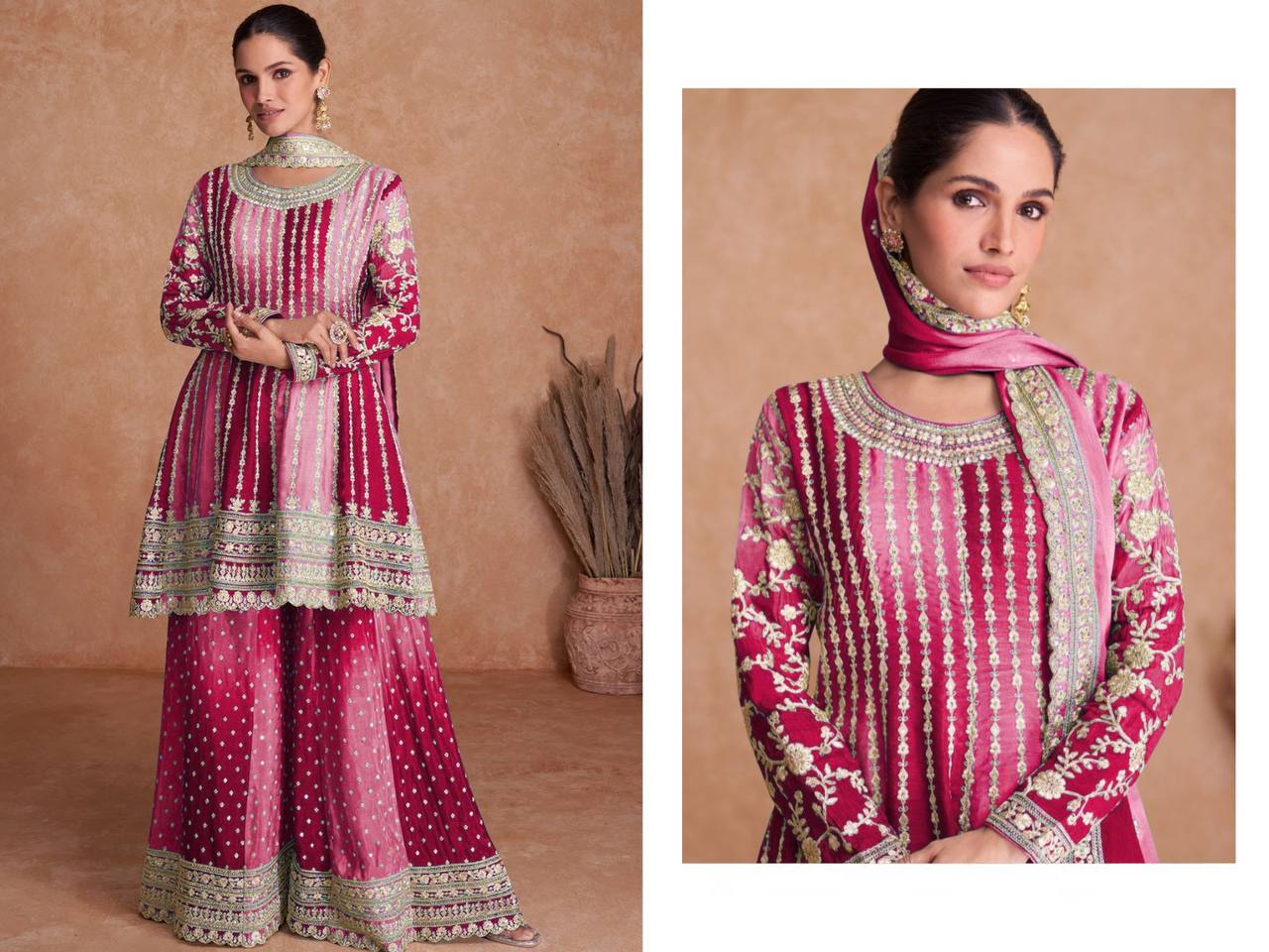 Pakistani Designer pink Ethnic Full Embroidered Kurta Sharara set Fully Stitched, Celebrity Look Georgette 3 piece Suits Partywear Dresses For Womens