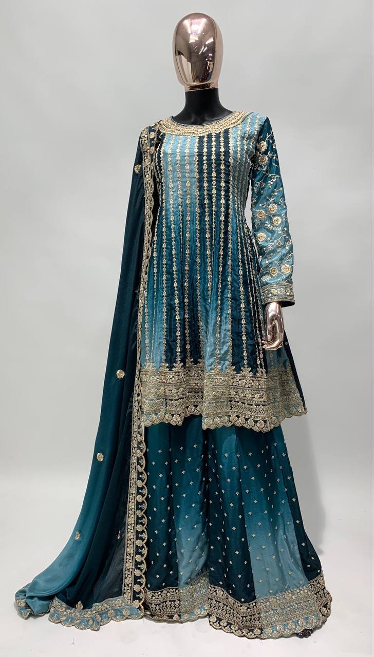 Pakistani Designer Blue Ethnic Full Embroidered Kurta Sharara set Fully Stitched, Celebrity Look Georgette 3 piece Suits Partywear Dresses For Womens