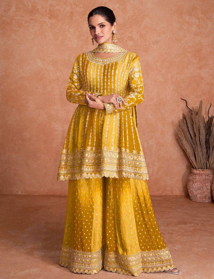 Pakistani Designer Yellow  Ethnic Full Embroidered Kurta Sharara set Fully Stitched, Celebrity Look Georgette 3 piece Suits Partywear Dresses For Womens