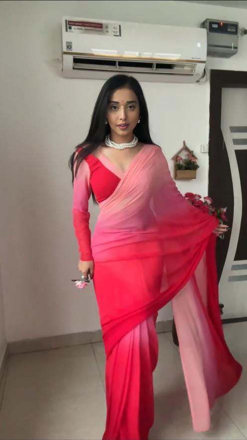 Red Pink Digital Printed 1-Min Ready To Wear Padding 3d Chinon Silk Saree With Unstitch Blouse