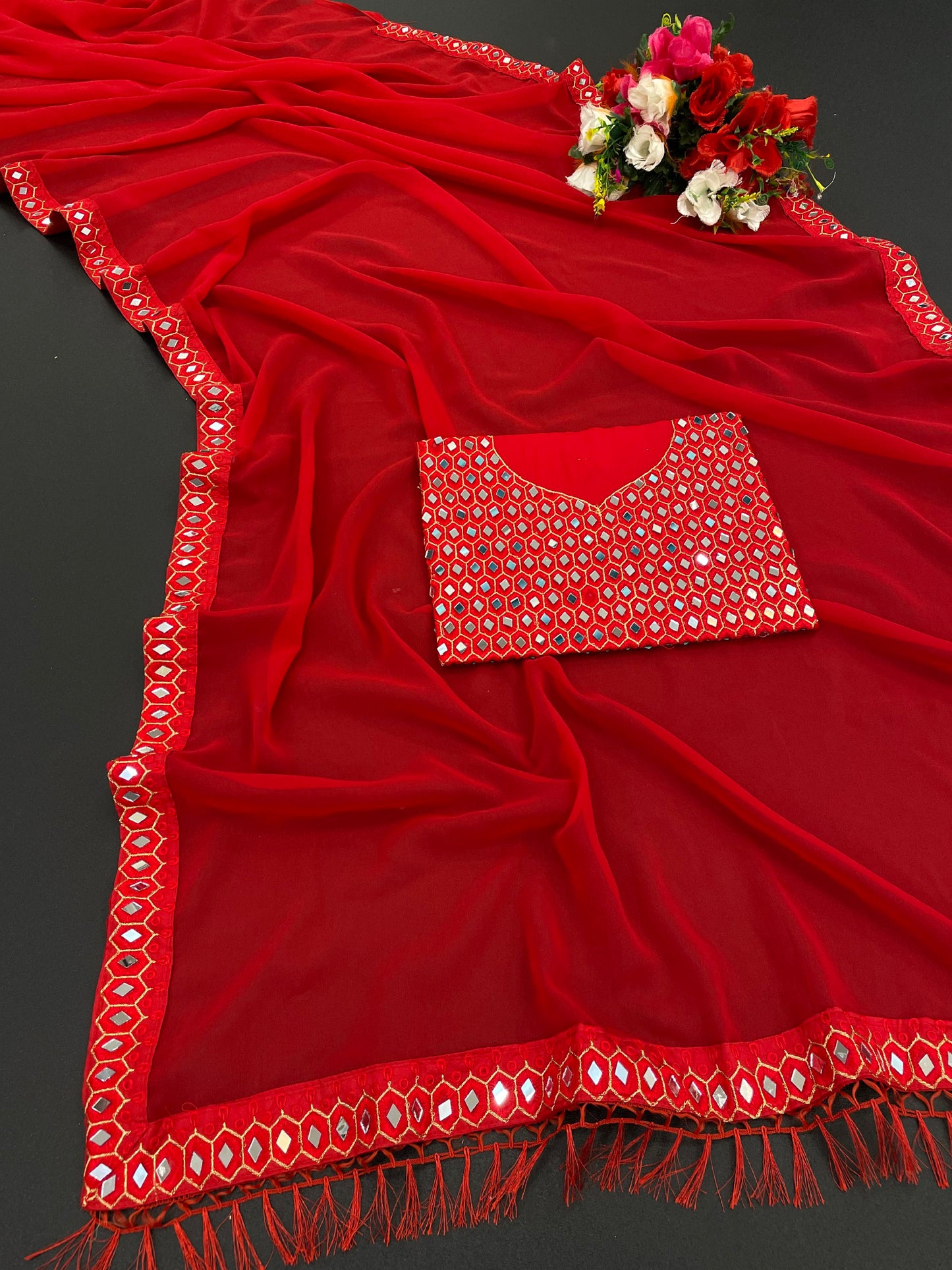 Red Saree for Womens Bollywood Style with Beautiful Embrodery Therd Real Mirror and Moti Work