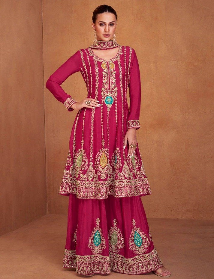 Women's Pink Color Vibrant Floral Chinon Embroidered Stitched Kurta Palazzo Set With Embroidered Dupatta