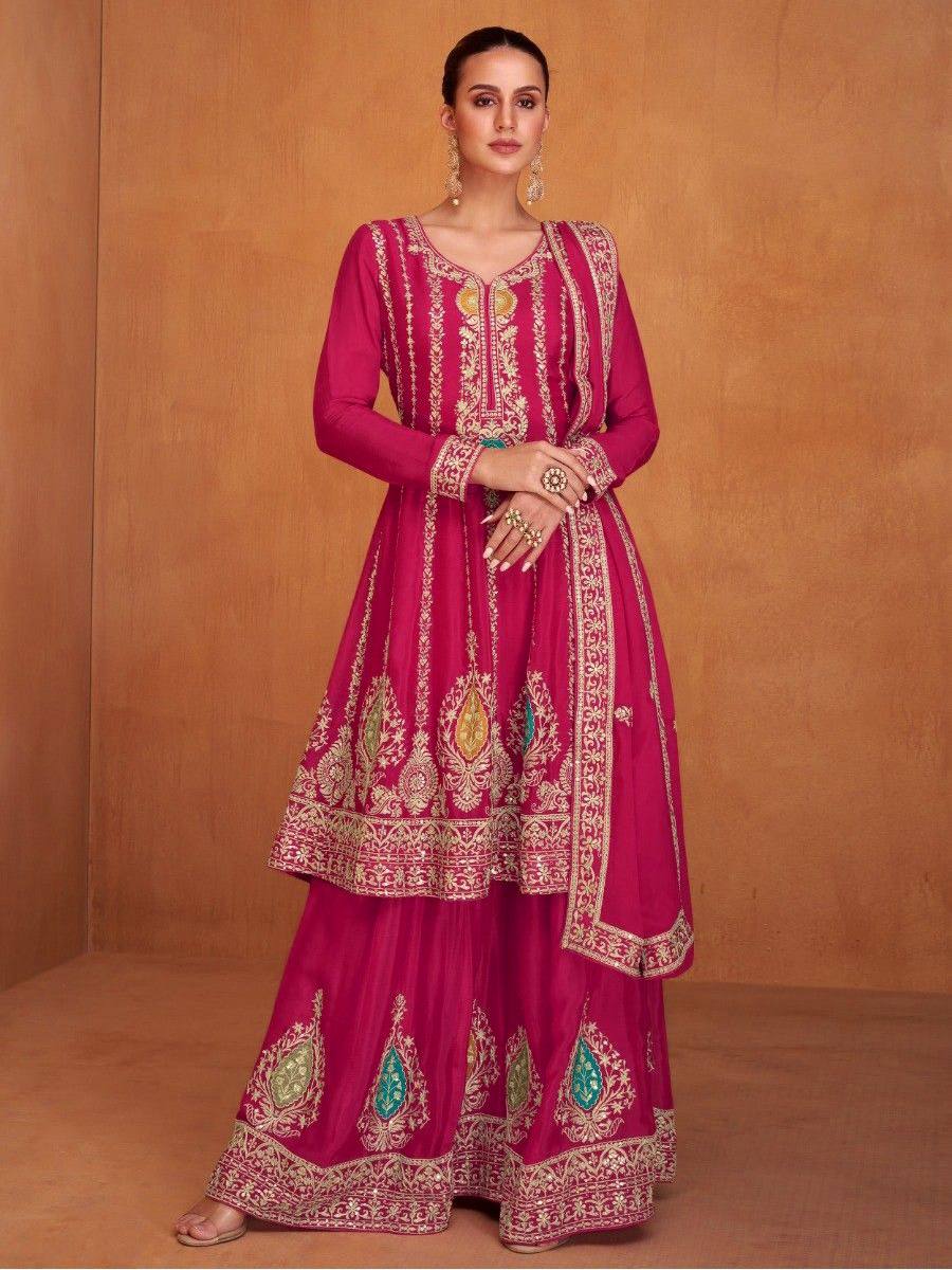 Women's Pink Color Vibrant Floral Chinon Embroidered Stitched Kurta Palazzo Set With Embroidered Dupatta