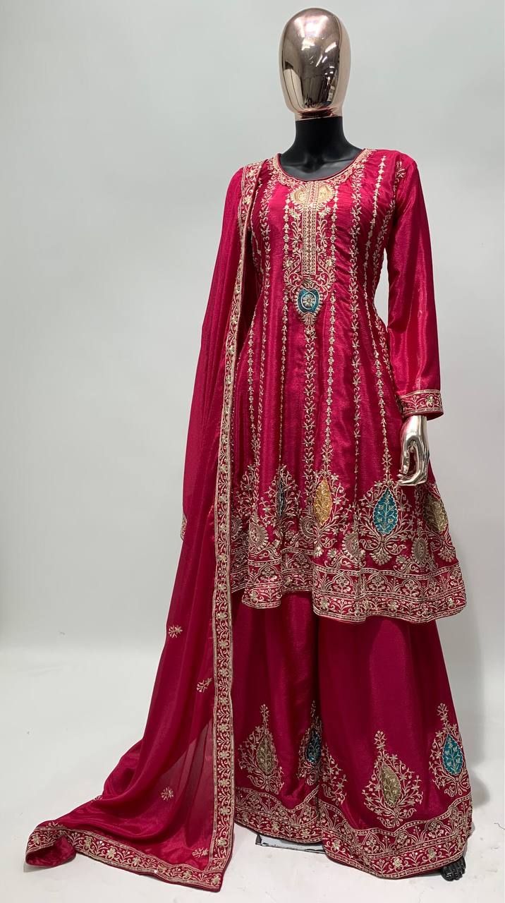 Women's Pink Color Vibrant Floral Chinon Embroidered Stitched Kurta Palazzo Set With Embroidered Dupatta