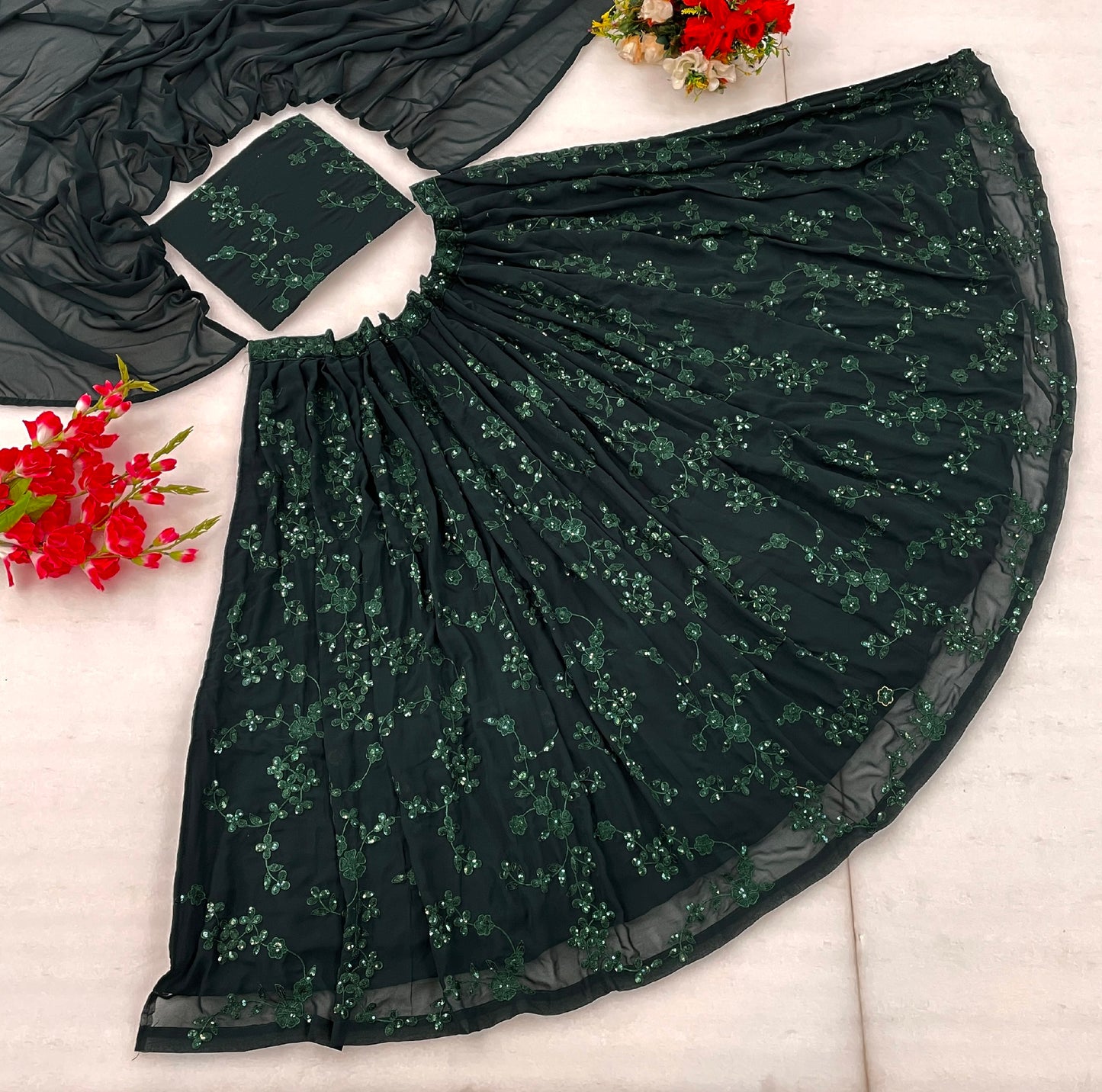 Bottle Green faux Georgette Fancy Thread Work With Sequnce Work  wedding lehenga for Women's And Girl's