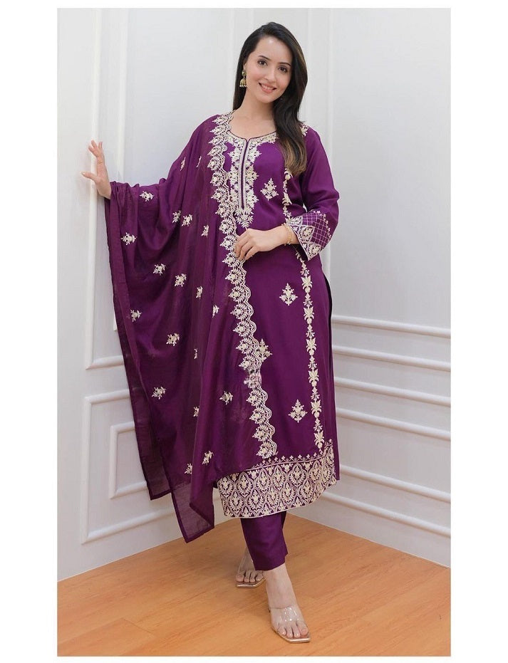 Wine Indian Glory Women'S Wear Purple & Wine Colour Reyon Printed A-Line salwar suit with dupatta