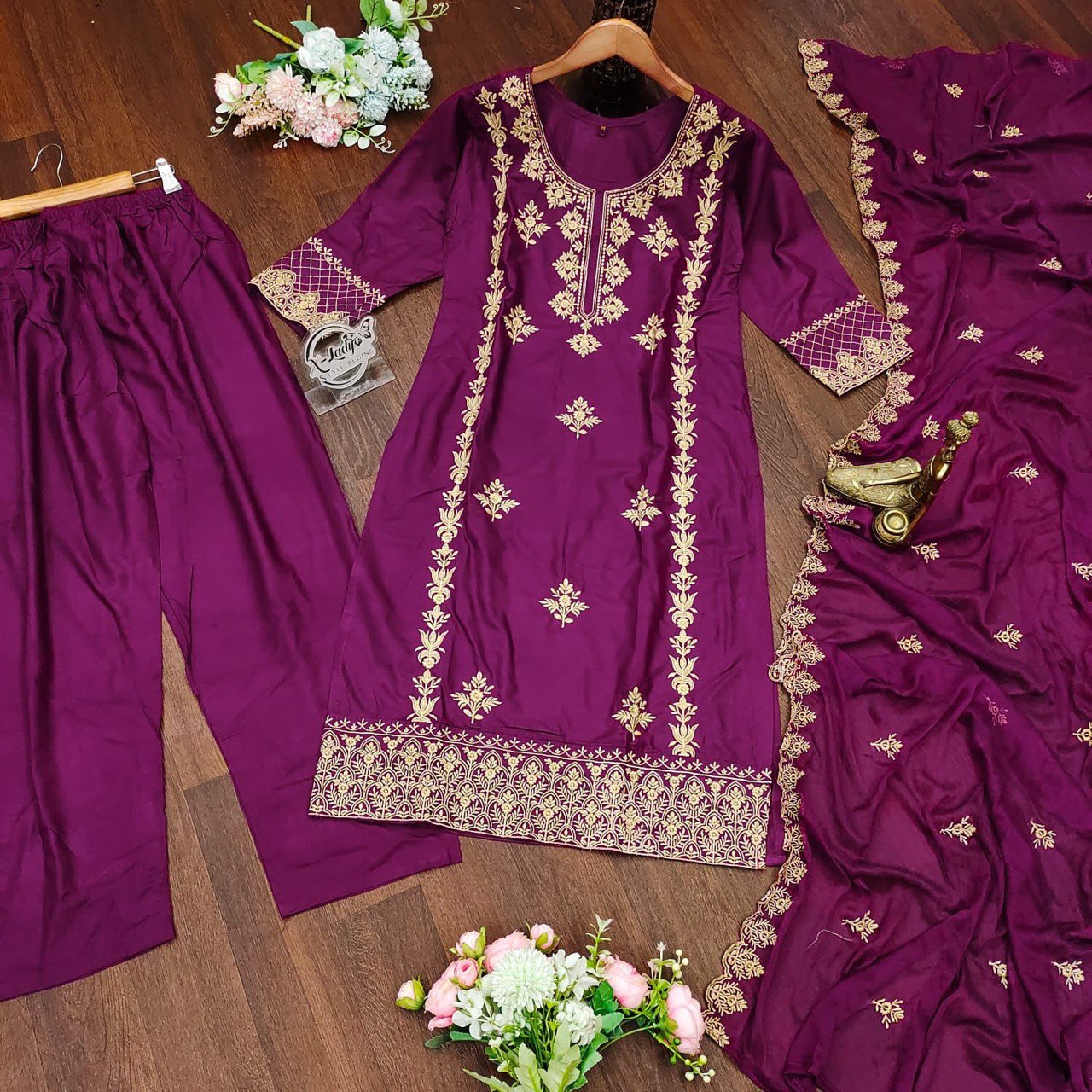 Wine Indian Glory Women'S Wear Purple & Wine Colour Reyon Printed A-Line salwar suit with dupatta