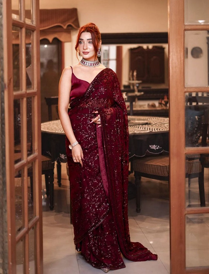 Maroon Beautiful Sequence Embroidery Work Weightless Wedding Wear Saree Blouse