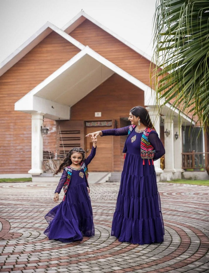 Special Function Wear Purple Colour Mother Daughter Combo Gown With Koti