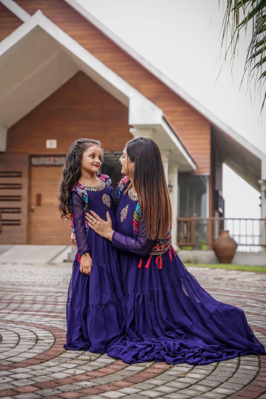 Special Function Wear Purple Colour Mother Daughter Combo Gown With Koti